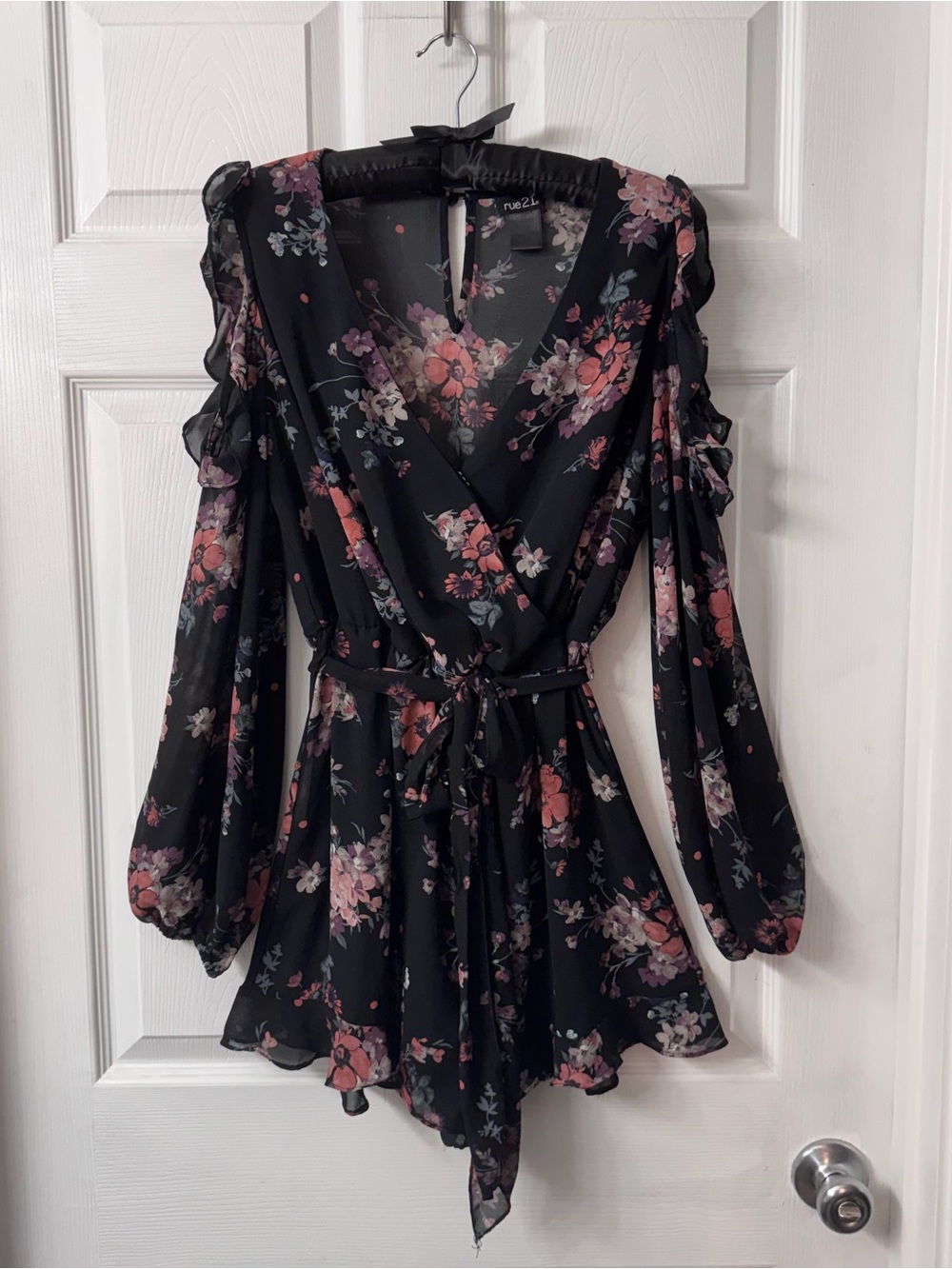 Rue21 Black Floral Wrap Romper with Pink & Mauve Blooms
